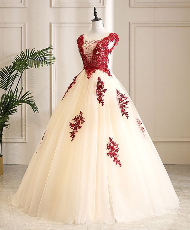 Burgundy Tulle Beads Lace Long Prom Dress Sweet 16 Dress US 6 / Champagne Burgundy Tulle Beads Lace Long Prom Dress Sweet 16 Dress US 6 / Champagne