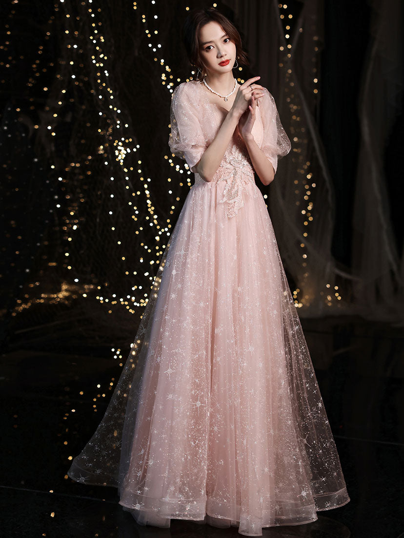 Pink Tulle Long Prom Dress, Pink Tulle Evening Dress