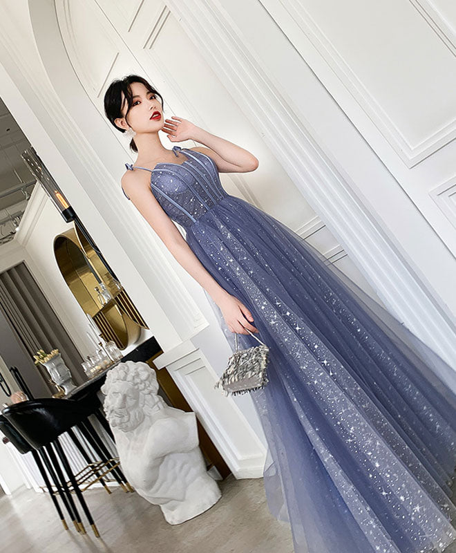Blue Tulle Long Prom Dress, Blue Tulle Formal Dress