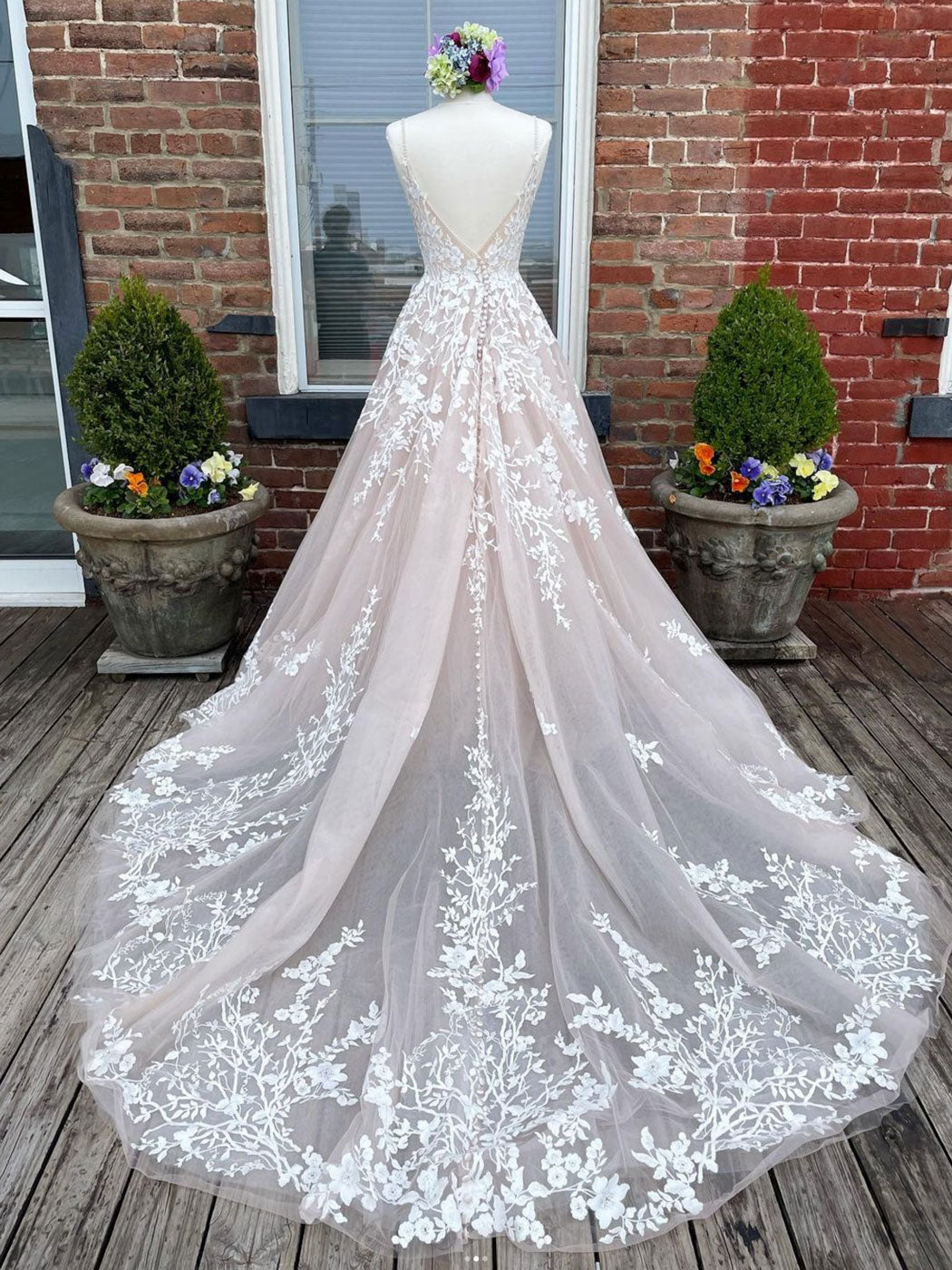Champagne V Neck Tulle Lace Long Prom Dress, Lace Tulle Formal Dress