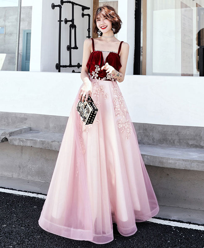 Pink Sweetheart Tulle Lace Long Prom Dress, Pink Evening Dress