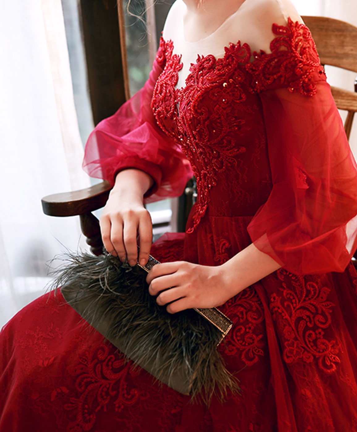 Burgundy Round Neck Tulle Beads Long Prom Dress Burgundy Evening Dress