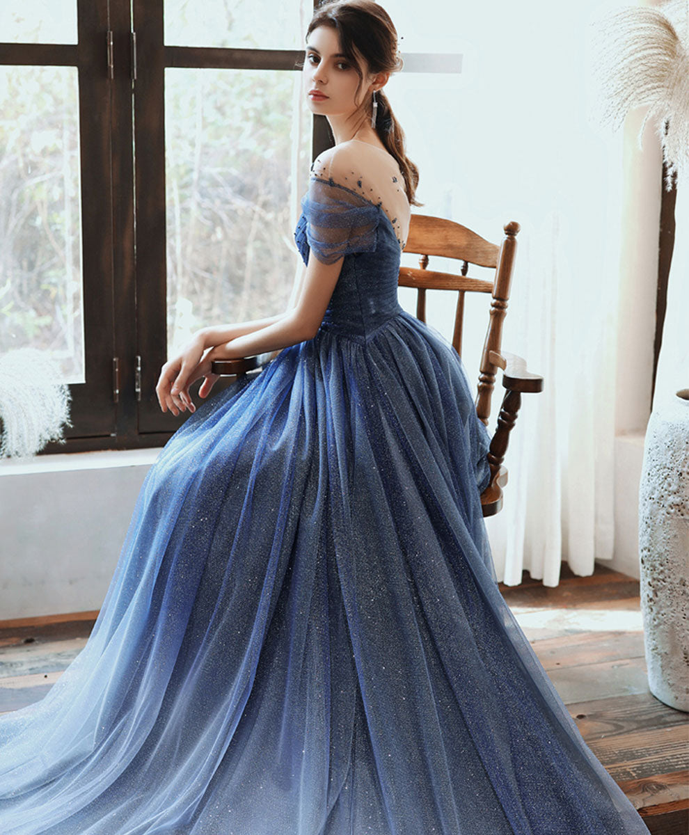 Blue Tulle Off Shoulder Sequin Long Prom Dress Blue Evening Dress