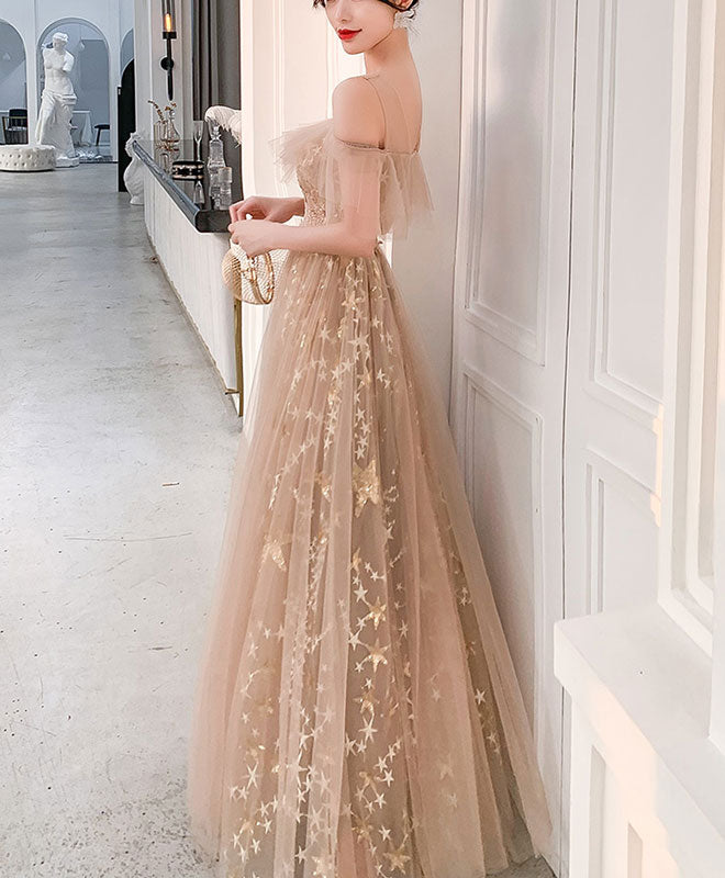 Champagne Round Neck Tulle Lace Long Prom Dress Tulle Evening Dress