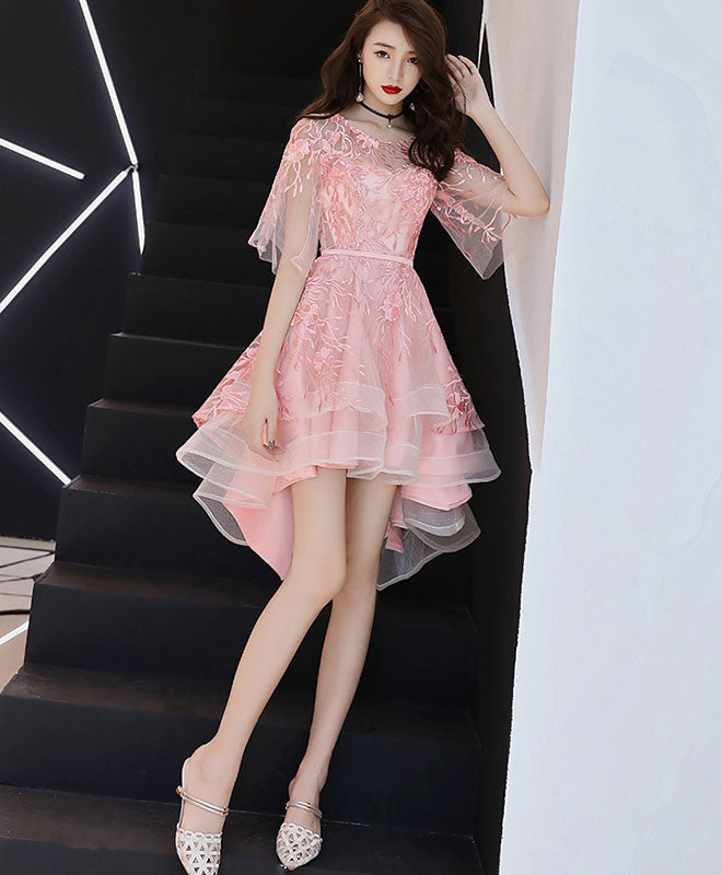 Pink Lace Tulle High Low Prom Dress, Pink Homecoming Dress shopluu Pink Lace Tulle High Low Prom Dress, Pink Homecoming Dress shopluu