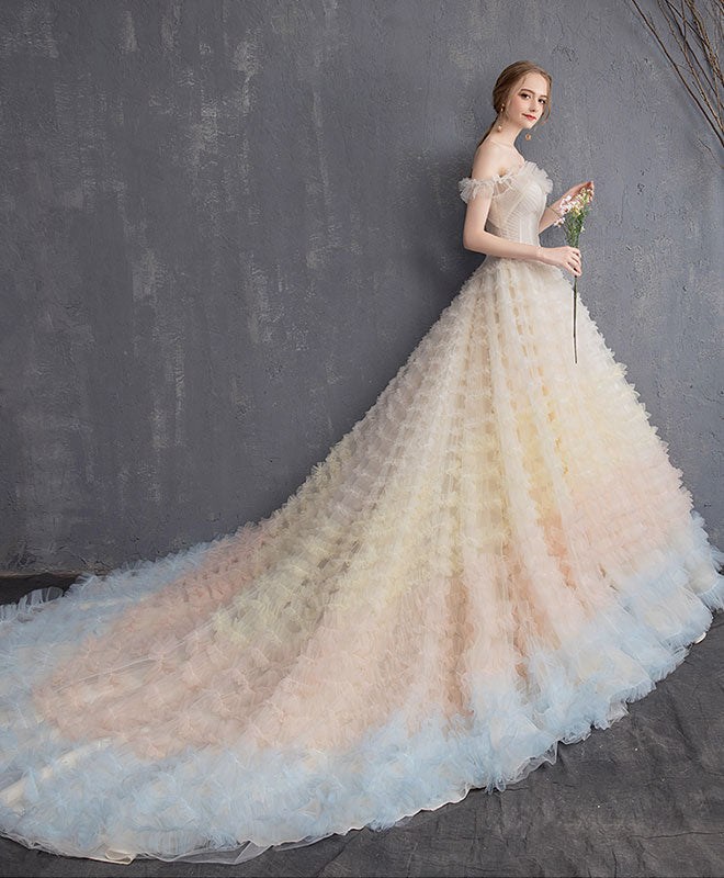 Champagne Sweetheart Tulle Long Prom Dress, Champagne Evening Dress
