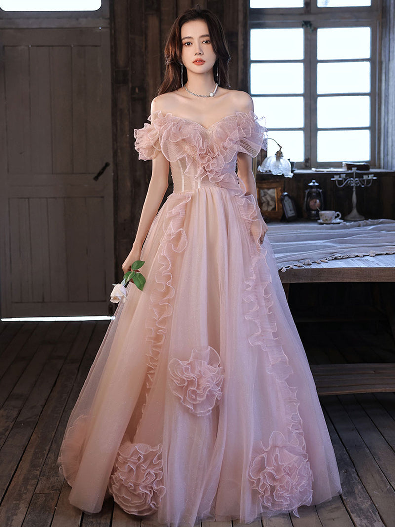 Pink Tulle Lace Off-the-Shoulder Ruffles Tiered Long Prom Dress –  Dreamdressy