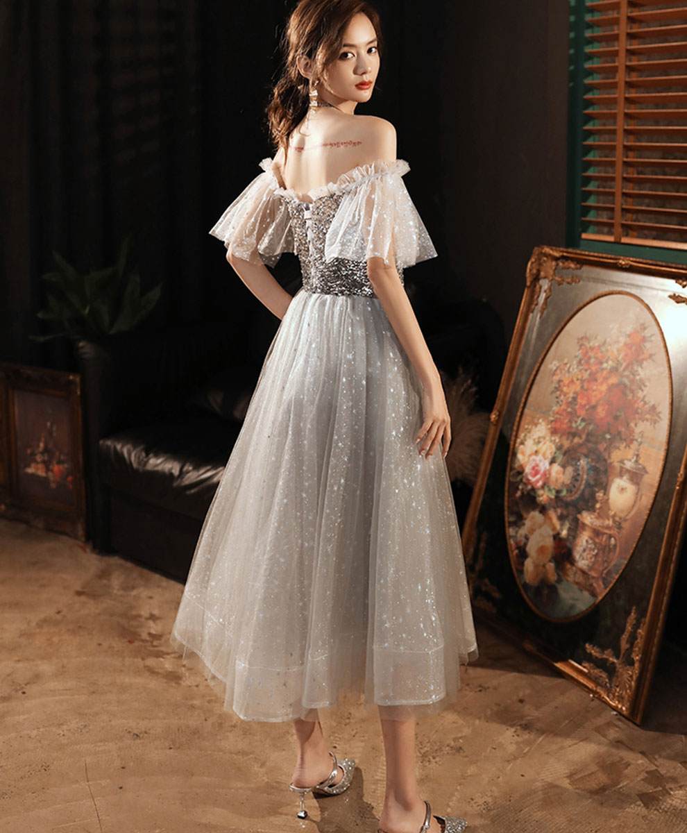 Gray Tulle Sequin Short Prom Dress Gray Homecoming Dress