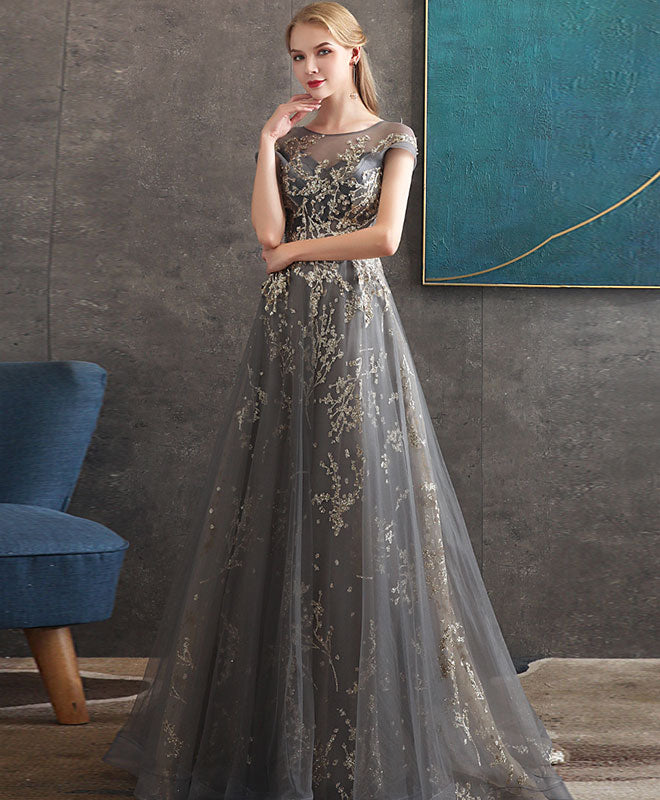 Gray Round Neck Tulle Lace Long Prom Dress Gray Tulle Formal Dress