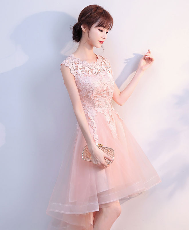 Pink Tulle Lace High Low Prom Dress, Pink Homecoming Dress