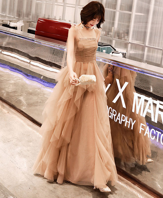 Champagne Tulle Long Prom Dress, Champagne Evening Dress