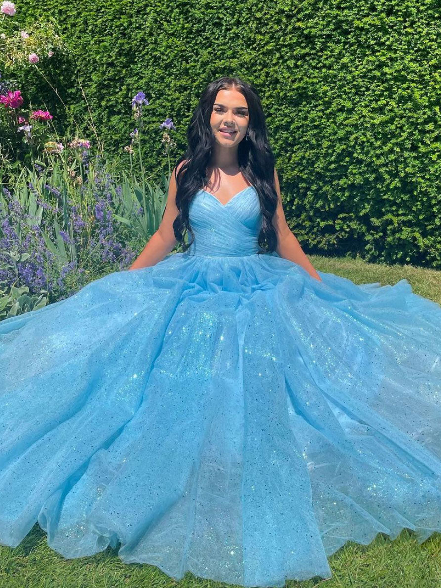 Blue V Neck Tulle Long Prom Dress, Blue Tulle Evening Dress