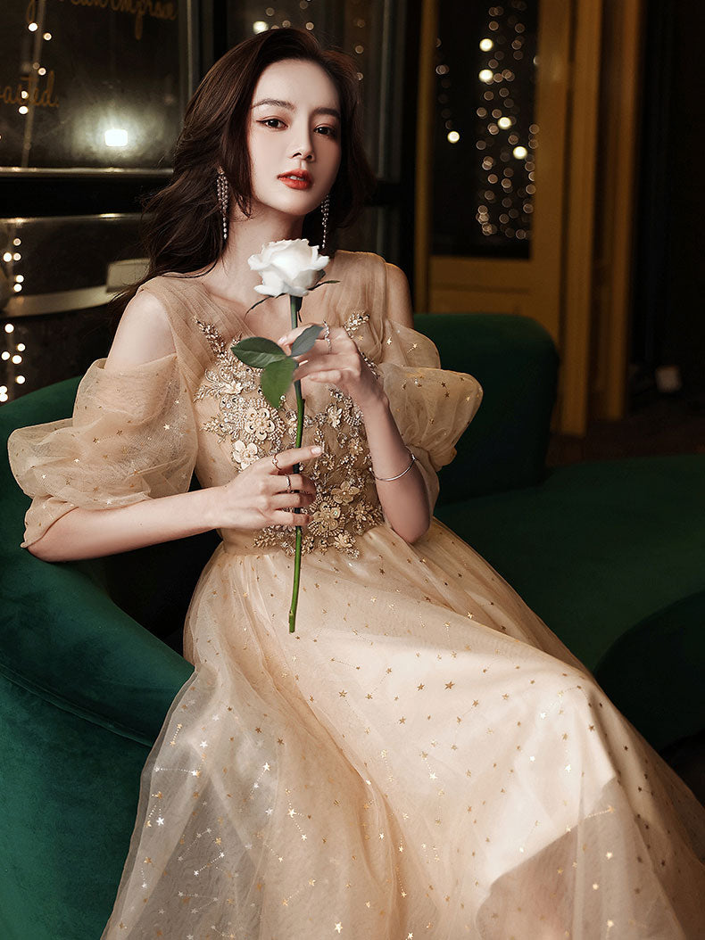 Champagne V Neck Tulle Lace Short Prom Dress, Champagne Homecoming Dre – shopluu