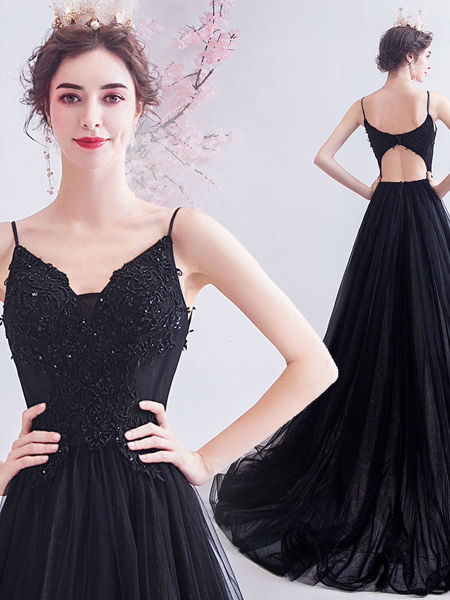 Black V Neck Tulle Lace Long Prom Dress, Black Evening Dress