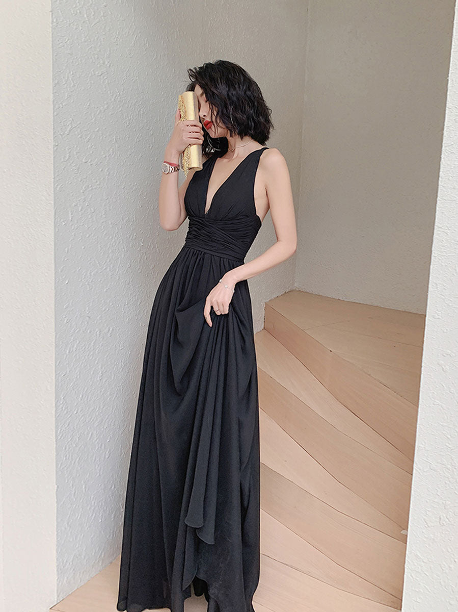 Simple V Neck Chiffon Black Long Prom Dress, Black Evening Dresses