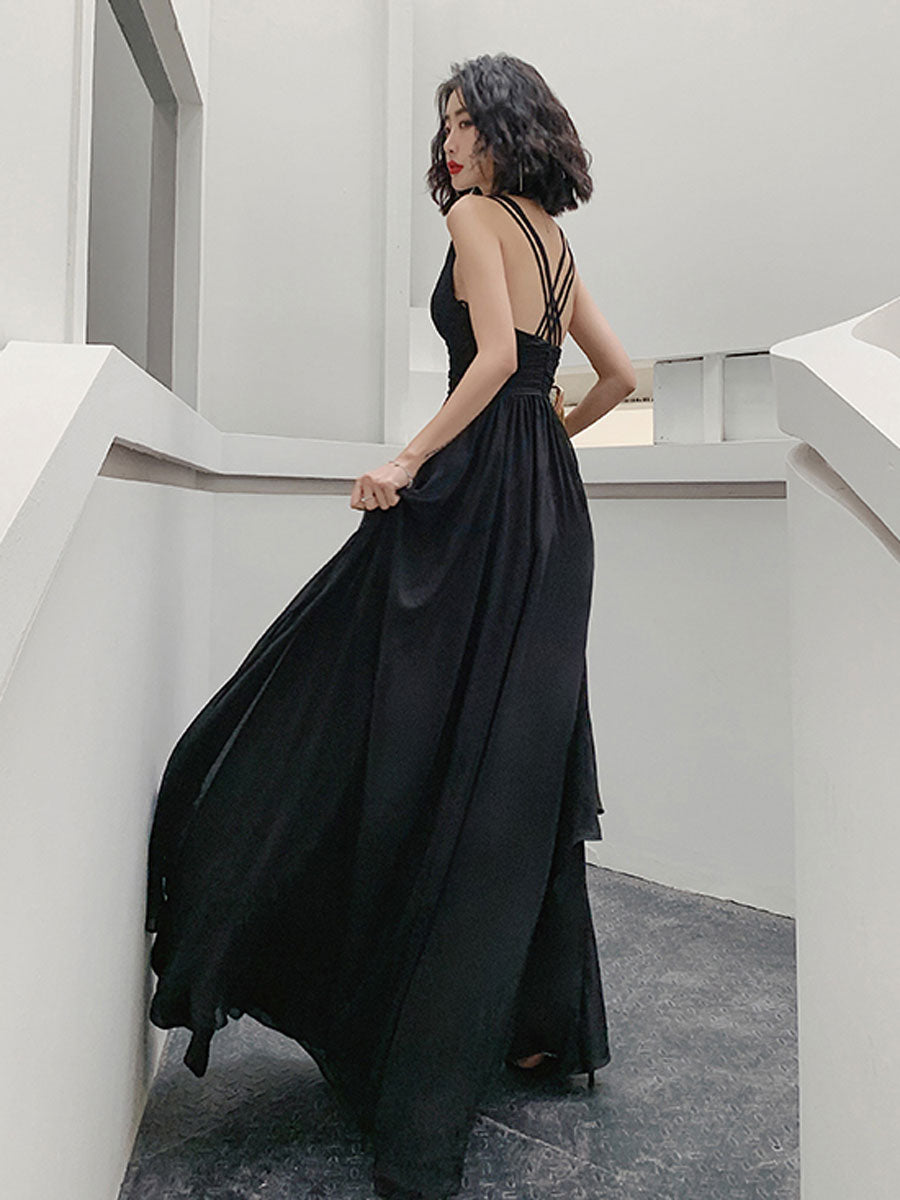 Simple V Neck Chiffon Black Long Prom Dress, Black Evening Dresses