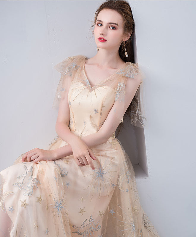 Champagne Tulle V Neck Long Prom Dress, Champagne Tulle Evening Dress