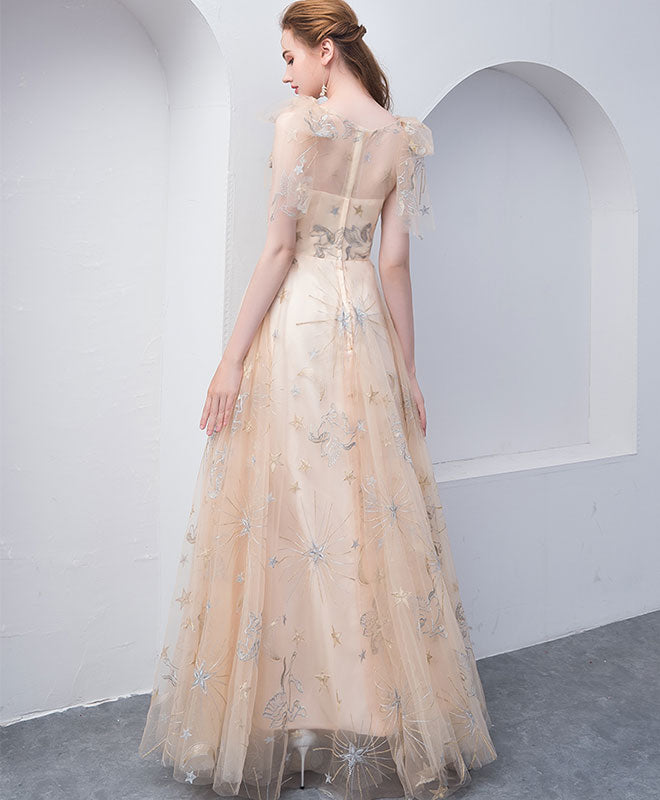 Champagne Tulle V Neck Long Prom Dress, Champagne Tulle Evening Dress