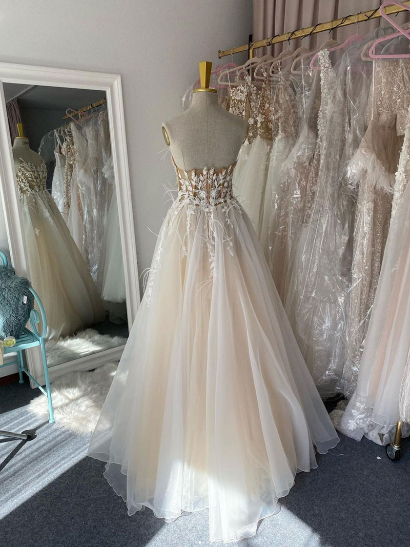 tan prom dress with white lace Champagne Mermaid Wedding Dress with Long Sleeves Floral Decals Lace Bridal Gown