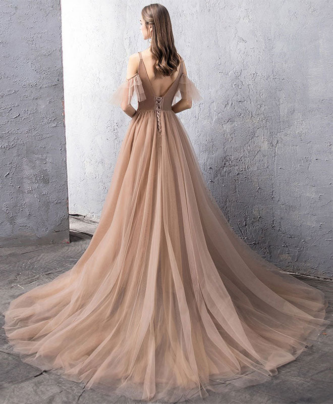 champagne lace maxi dress Long Sleeves Light Champagne Wrap Lace Maxi Dress with a Slit #1410