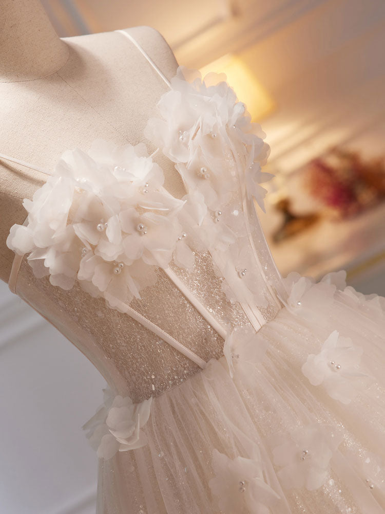A-Line Tulle Flower Light Champagne Long Prom Dresses, Shiny Formal Dr shopluu A-Line Tulle Flower Light Champagne Long Prom Dresses, Shiny Formal Dr shopluu
