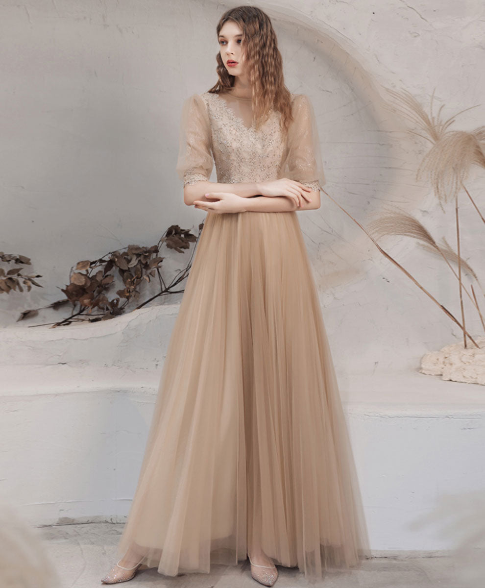 Champagne High Neck Tulle Lace Long Prom Dress, Champagne Graduation Dress