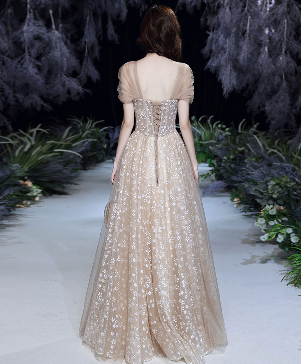 Champagne Tulle Long Prom Dress, Champagne Formal Party Dress with Beading