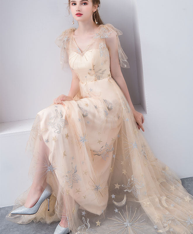 Champagne Tulle V Neck Long Prom Dress, Champagne Tulle Evening Dress