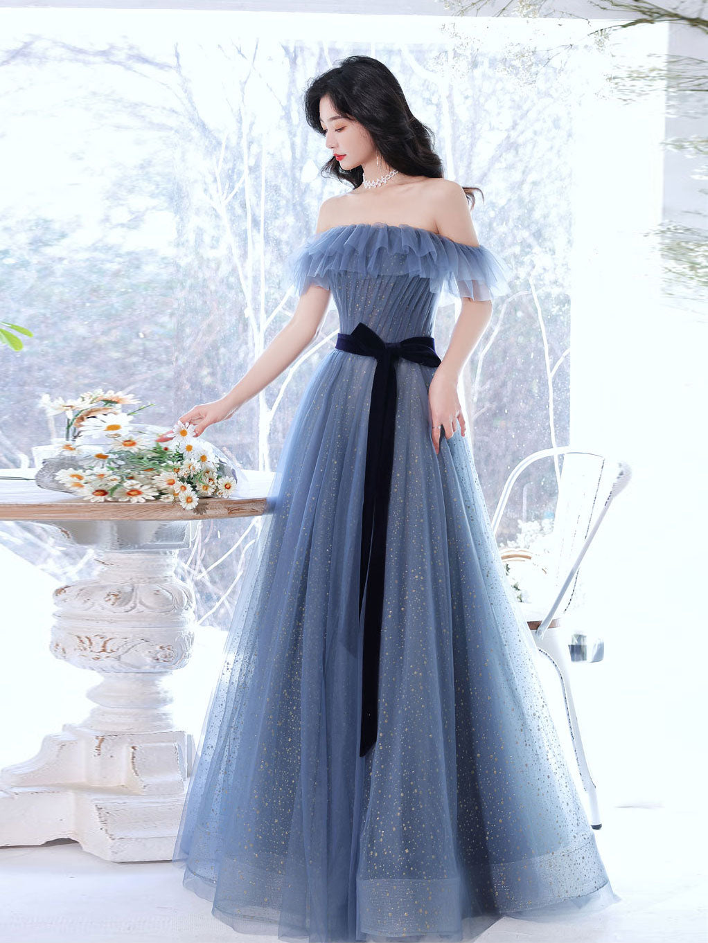 Gray Blue Tulle Long Prom Dress Gray Blue Tulle Formal Dress