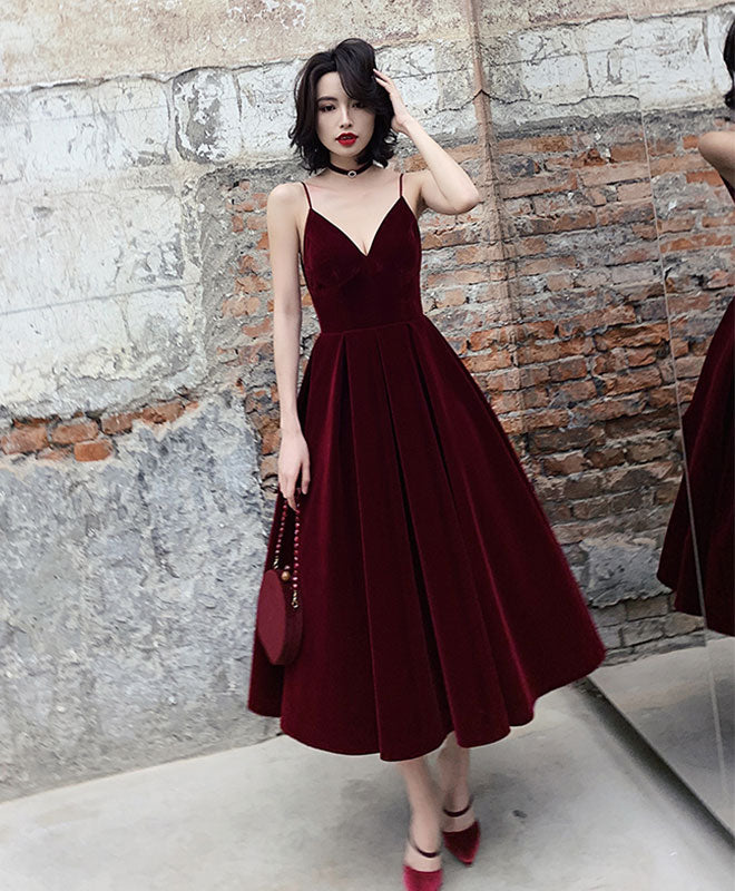 burgundy tea length bridesmaid dresses Simple Prom Dress, Burgundy Dress Size:L-In Stock