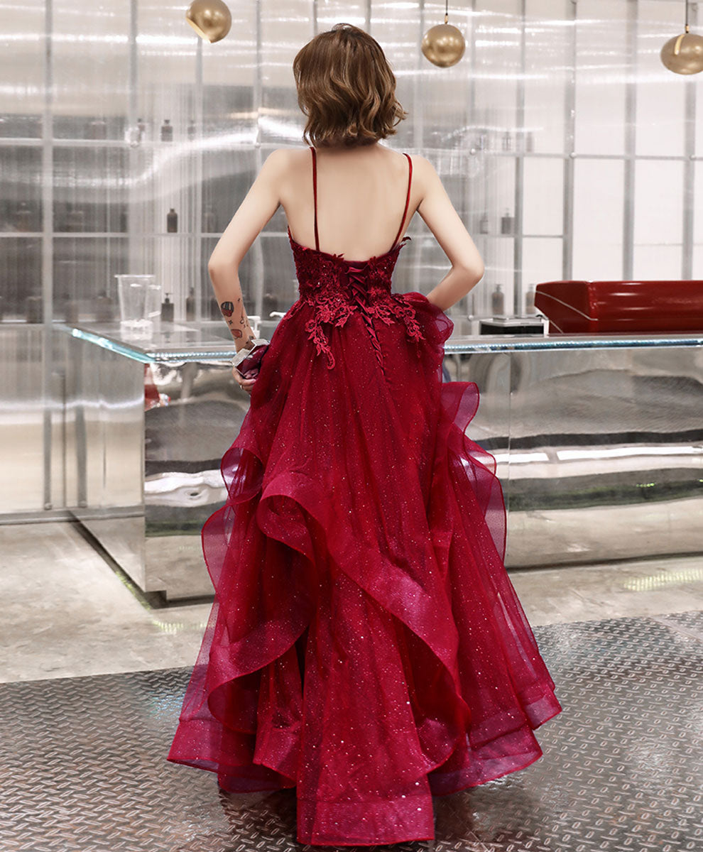 Burgundy V Neck Tulle Lace Long Prom Dress Burgundy Evening Dress