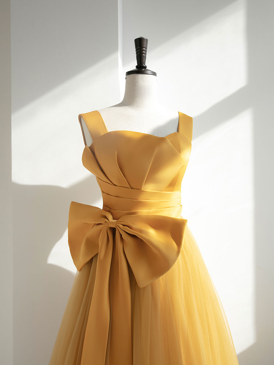 Simple Yellow Tulle Long Prom Dress, Yellow Formal Bridesmaid Dresses