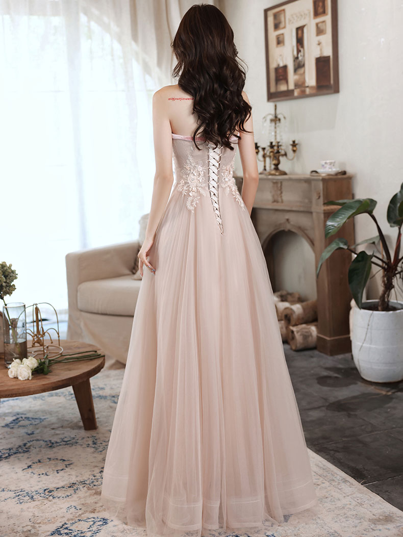 Champagne Tulle Lace Long Prom Dress, Champagne Evening Dress