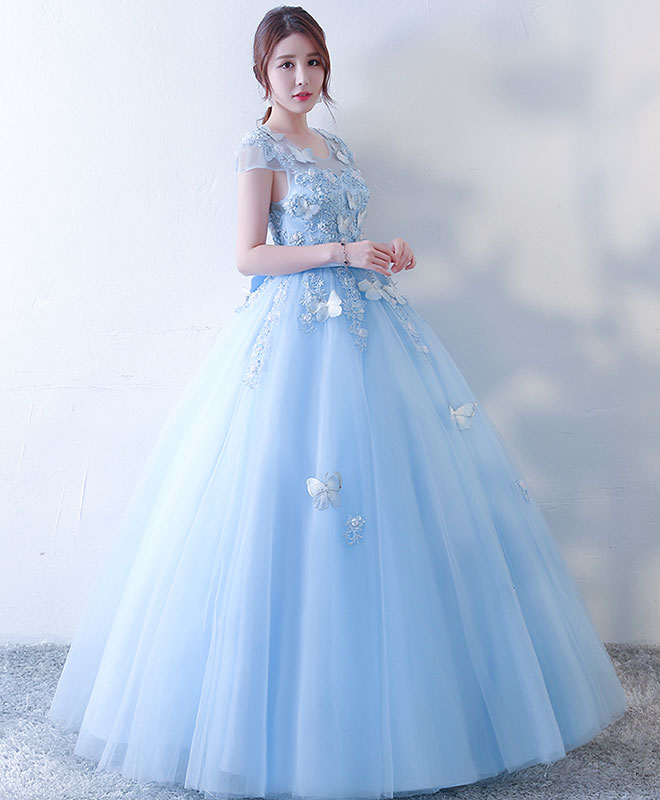 Blue Tulle Lace Long Prom Dress, Blue Sweet 16 Dress