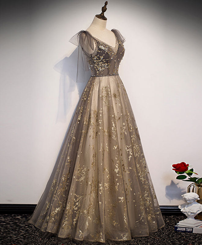 Elegant V Neck Gray Gold Tulle Lace Long Prom Dress Tulle Formal