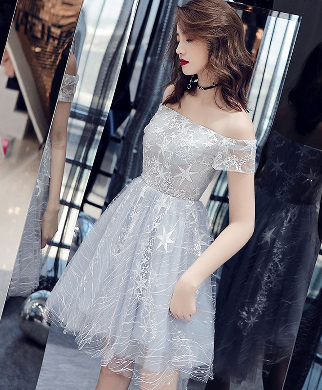 Gray Tulle Lace Off Shoulder Short Prom Dress, Gray Tulle Evening Dress