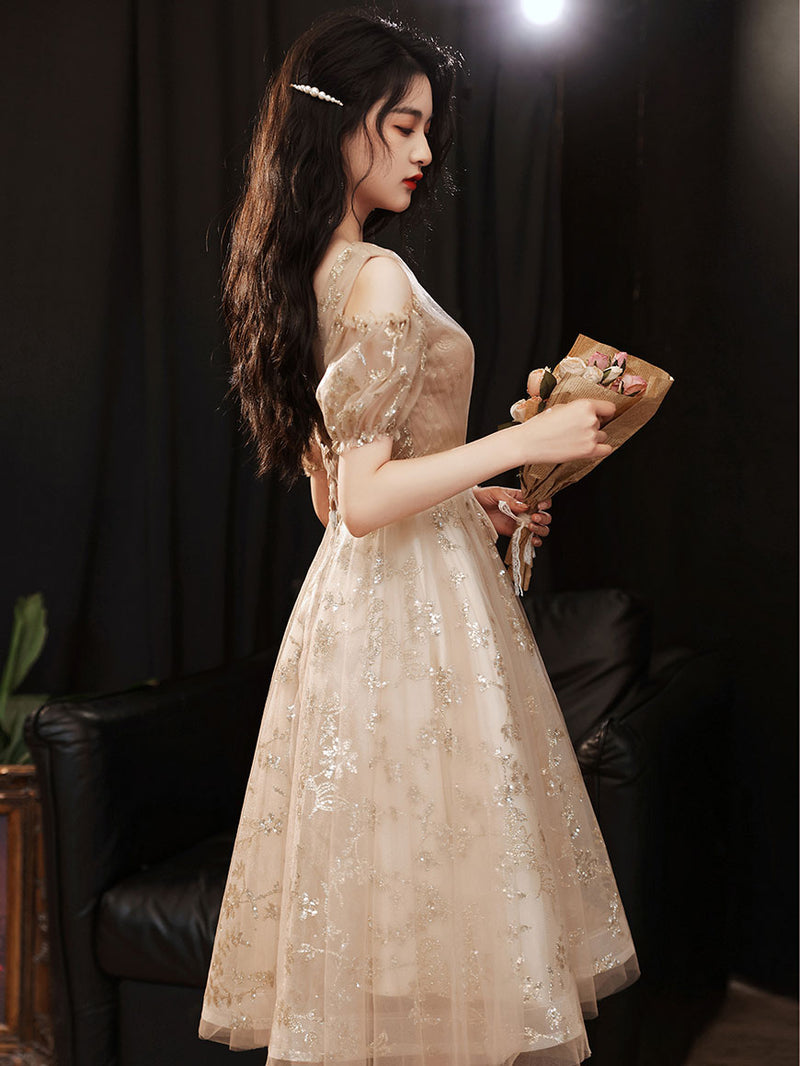 Champagne V Neck Tulle Lace Short Prom Dress, Champagne Homecoming Dress US 10 / Champagne Champagne V Neck Tulle Lace Short Prom Dress, Champagne Homecoming Dress US 10 / Champagne