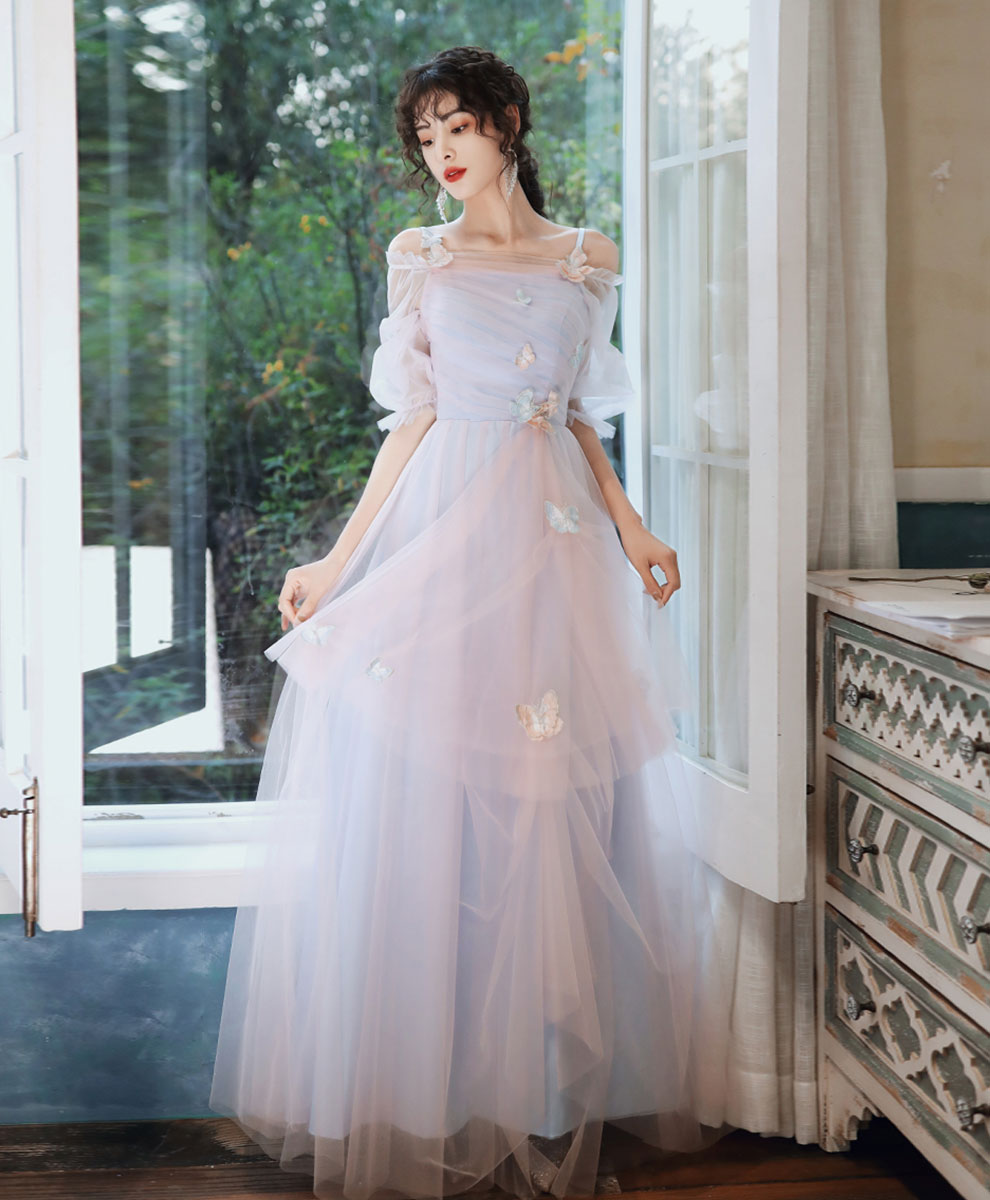 Elegant Pink Blue Tulle Long Prom Dress Pink Blue Formal Dress
