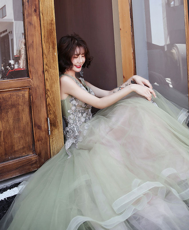 Green V Neck Tulle Lace Long Prom Dress, Green Formal Dress
