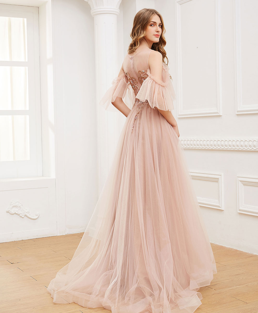 Pink Round Neck Tulle Beads Long Prom Dress Formal Dress