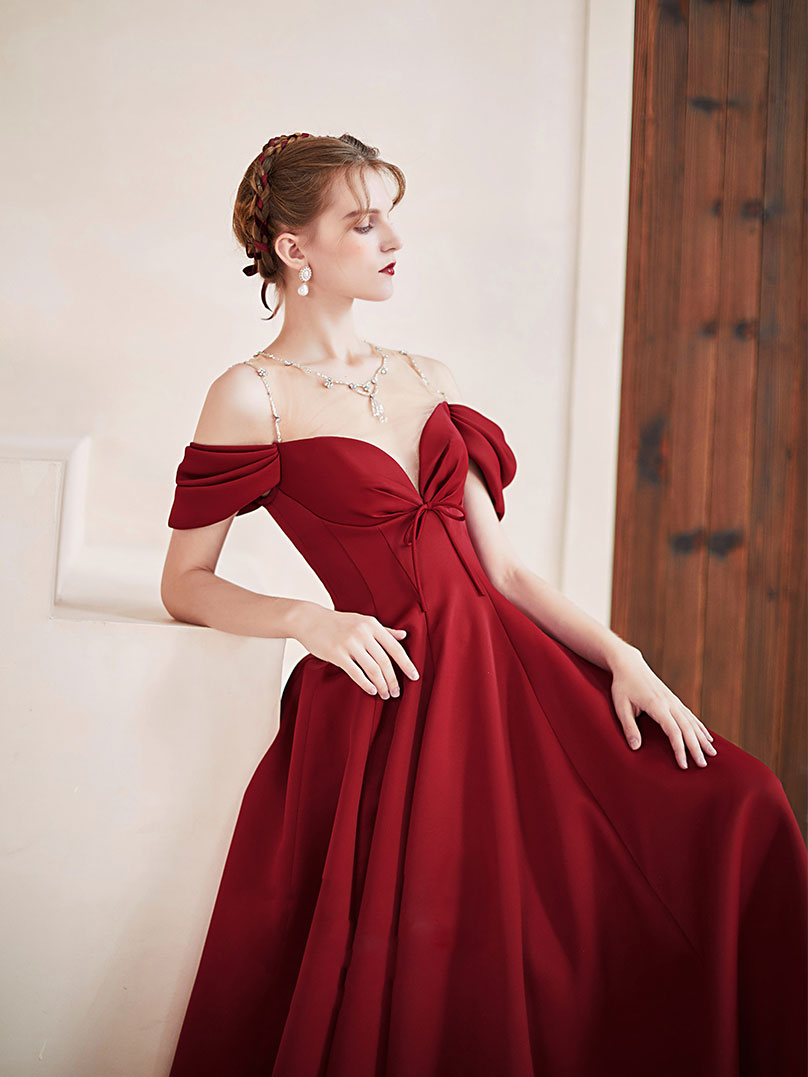 Simple Burgundy Round Neck Satin Long Prom Dress, Burgundy Formal Graduation Dresses