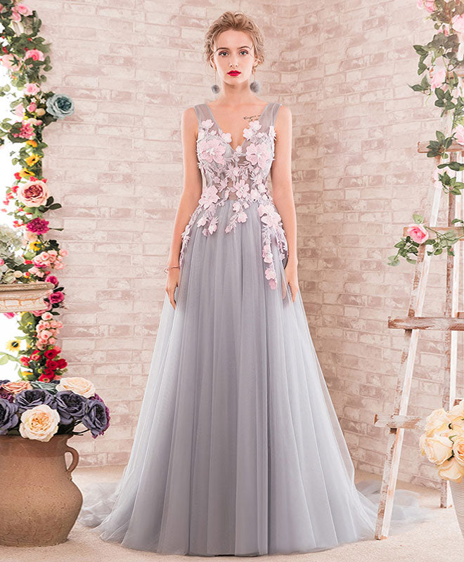Gray A-Line V Neck Tulle Lace Applique Long Prom Dress, Gray Evening Dress US 2 / Gray Gray A-Line V Neck Tulle Lace Applique Long Prom Dress, Gray Evening Dress US 2 / Gray