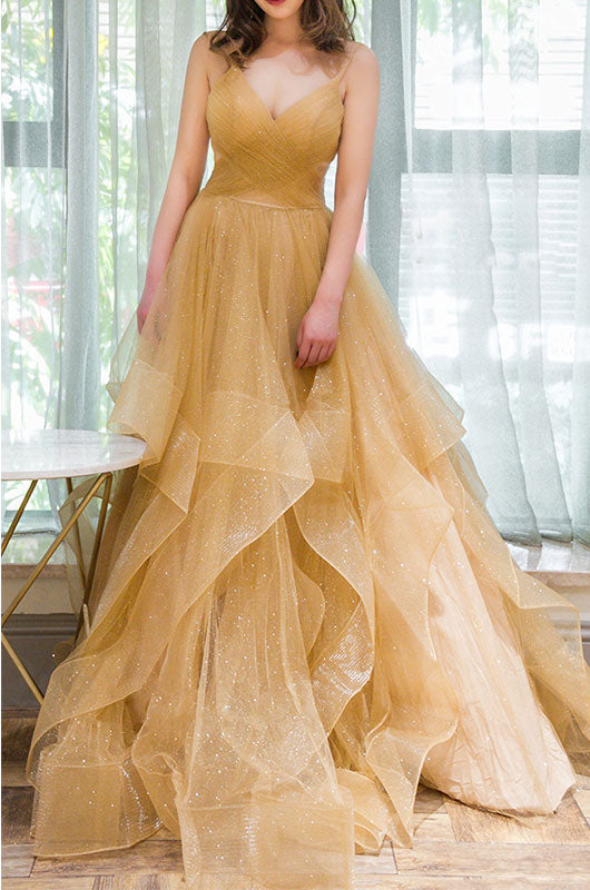 A-Line V Neck Tulle A-Line Long Prom Dress Tulle Formal Dress