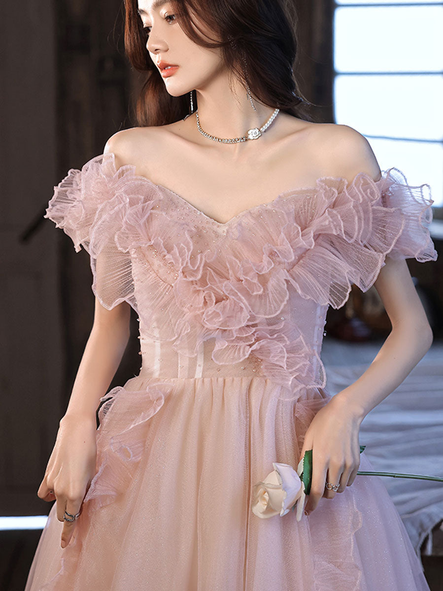 Pink Tulle Off Shoulder Long Prom Dress, Pink Formal Graduation Dresses
