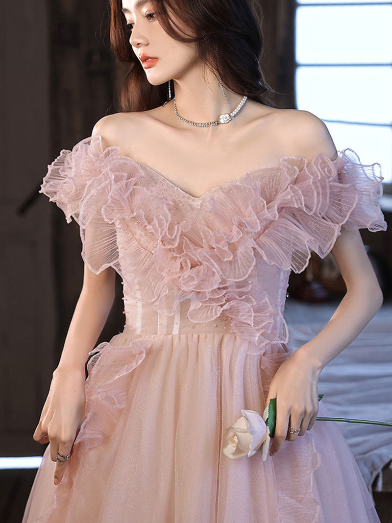 Pink Tulle Long A-Line Prom Dress, Off The Shoulder Evening Dress US 12 / Pink Pink Tulle Long A-Line Prom Dress, Off The Shoulder Evening Dress US 12 / Pink