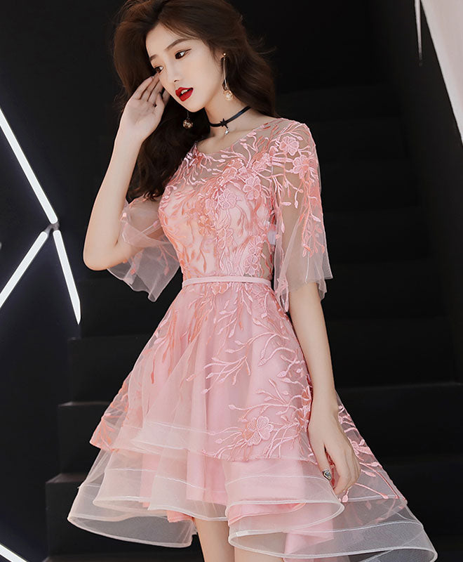 Pink Lace Tulle High Low Prom Dress, Pink Homecoming Dress