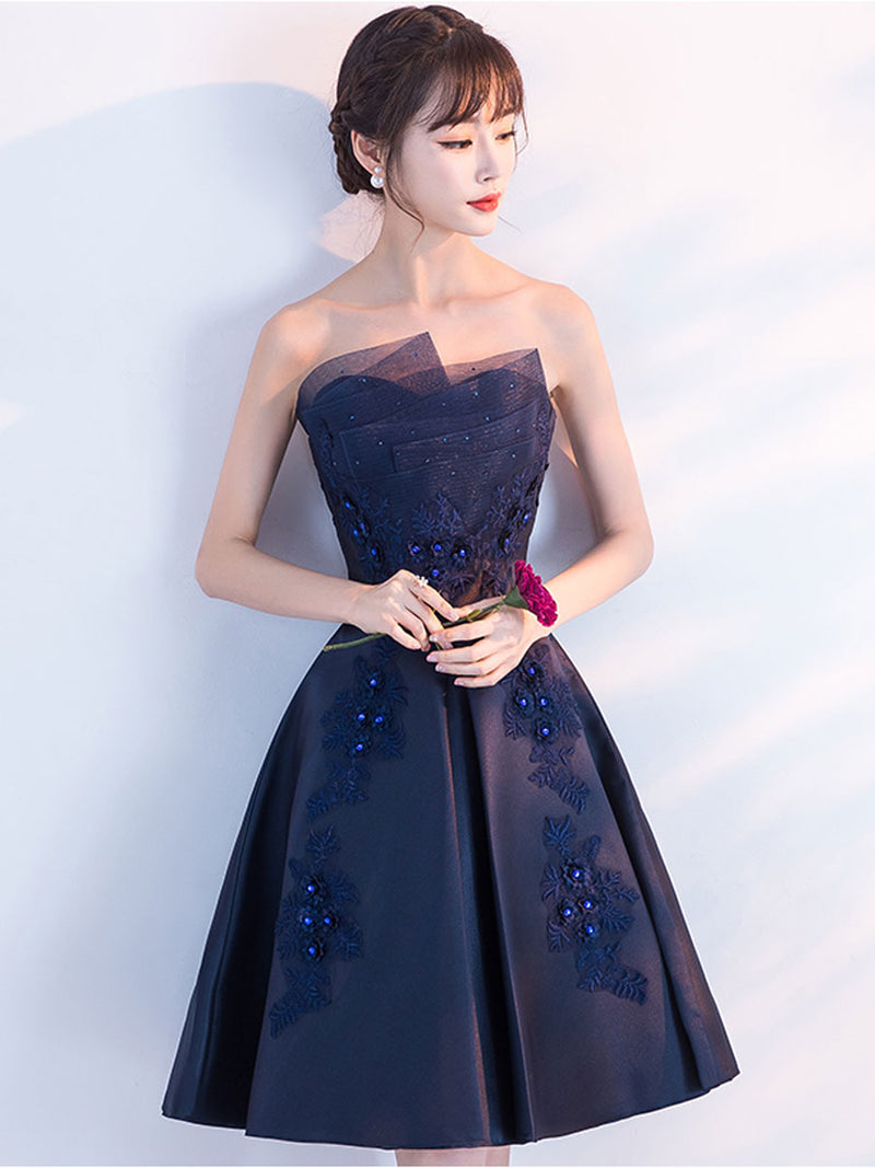 Aline Satin Lace Blue Short Prom Dress, Blue Homecoming Dress US 10 / Custom Color Aline Satin Lace Blue Short Prom Dress, Blue Homecoming Dress US 10 / Custom Color