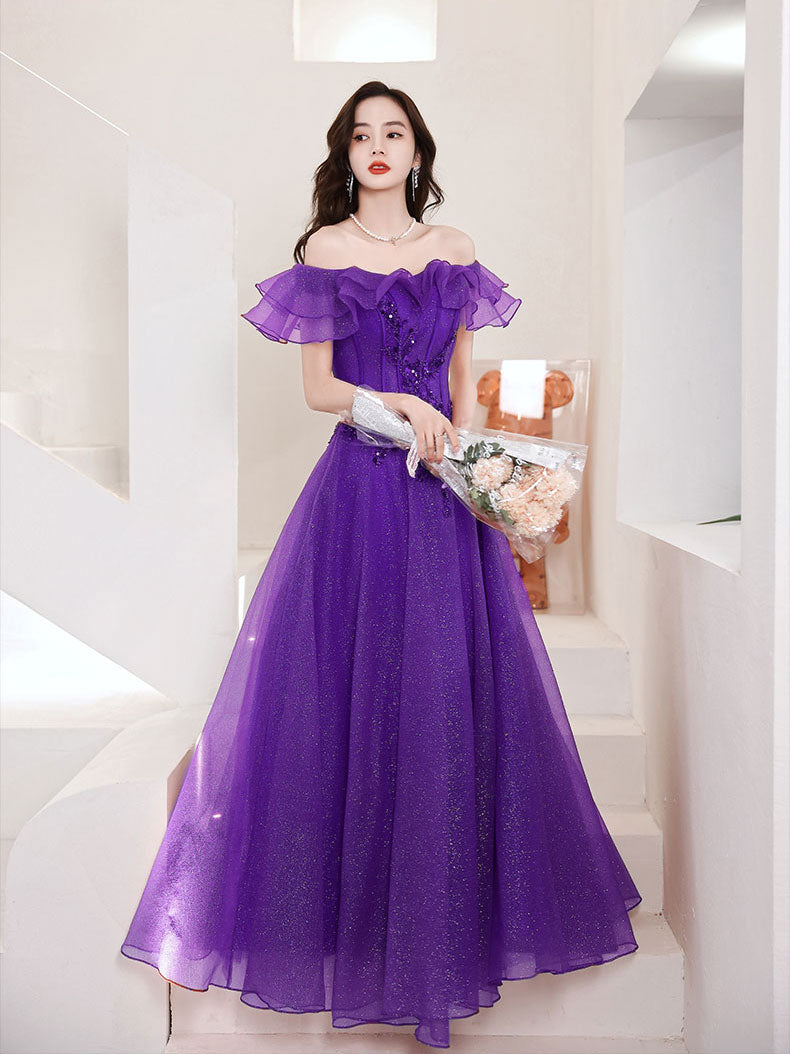 Purple Cocktail Dress For Debutante Blue Tulle Off Shoulder Long