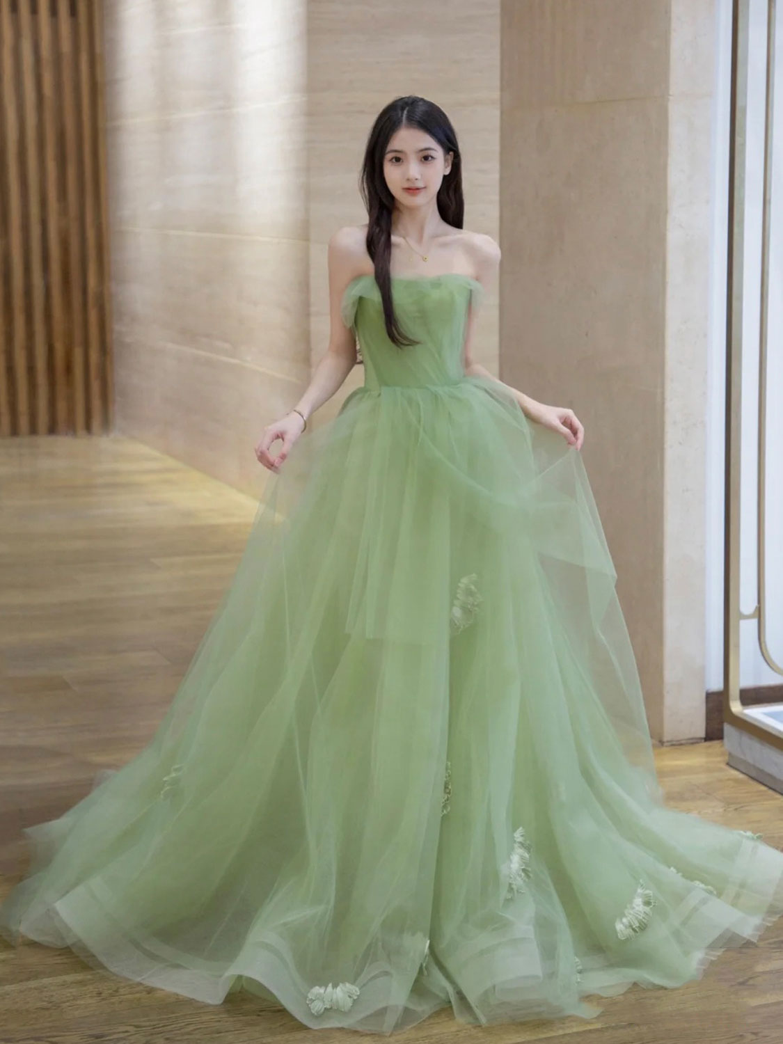 Green A line Tulle Long Prom Dress Green, Tulle Formal Evening Graduation Dresses