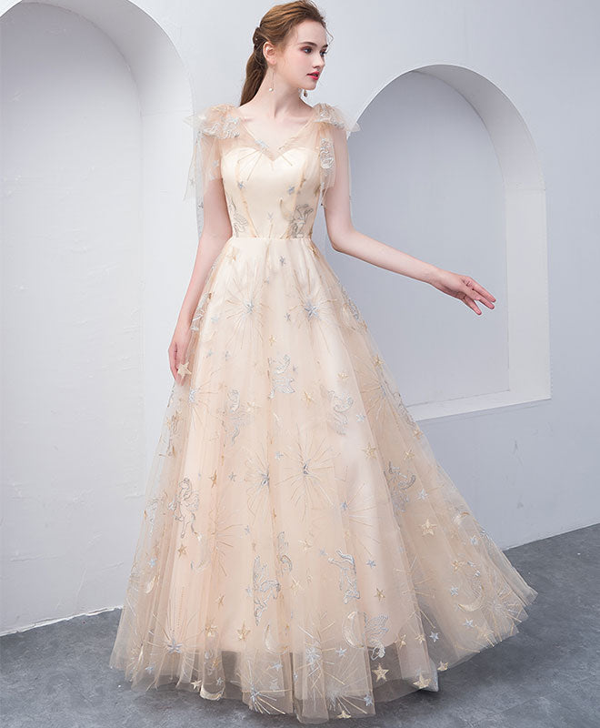 Champagne Tulle V Neck Long Prom Dress, Champagne Tulle Evening Dress